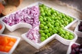 Vegan salad in the form of jigsaw puzzles from plates with different vegetables. Royalty Free Stock Photo